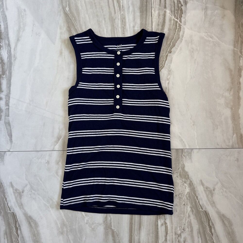 Cute Sailor Women’s Gap Henley Button Up Blue And White Stripe Tank Sz S Slimfit
